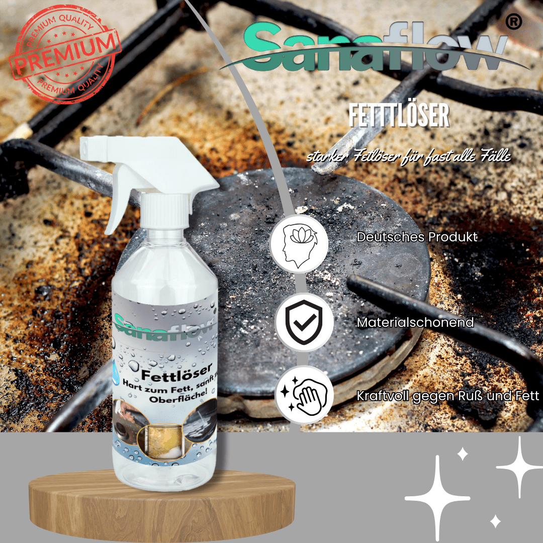 Fettlöser Spray für Küche, Backofen, Grill – Entfernt Fett, Öl, Eingebranntes & Verkrustungen - Sanaflow - Fettentferner