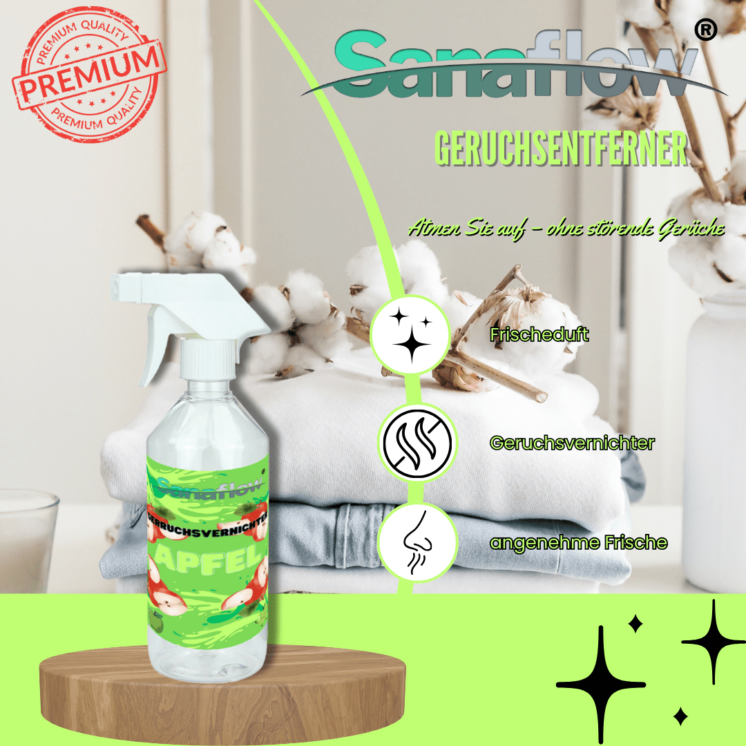 Geruchsentferner Tier Apfel â Dauerhaft gegen Katzen - & Hunde Urin, hinterlĂ€sst angenehmen Duft - Sanaflow - Geruchsentferner