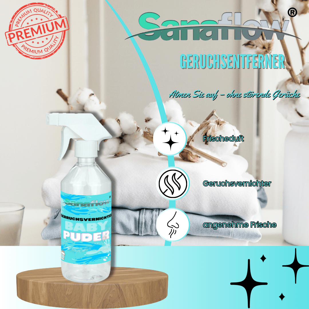 Geruchsentferner Tier Babypuder â Dauerhaft gegen Katzen - & Hunde Urin, hinterlĂ€sst angenehmen Duft - Sanaflow - Geruchsentferner