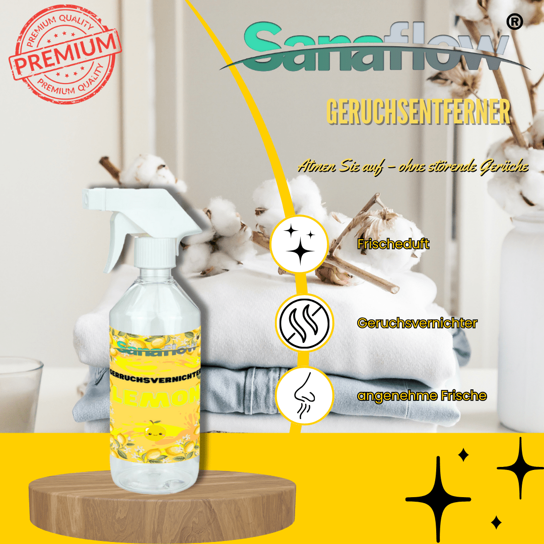 Geruchsentferner Tier Lemon â Dauerhaft gegen Katzen - & Hunde Urin, hinterlĂ€sst angenehmen Duft - Sanaflow - Geruchsentferner