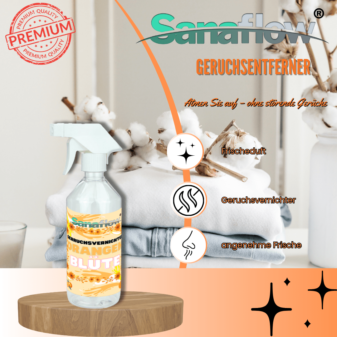 Geruchsentferner Tier Orangenblüte – Dauerhaft gegen Katzen - & Hunde Urin, hinterlässt angenehmen Duft - Sanaflow - Geruchsentferner