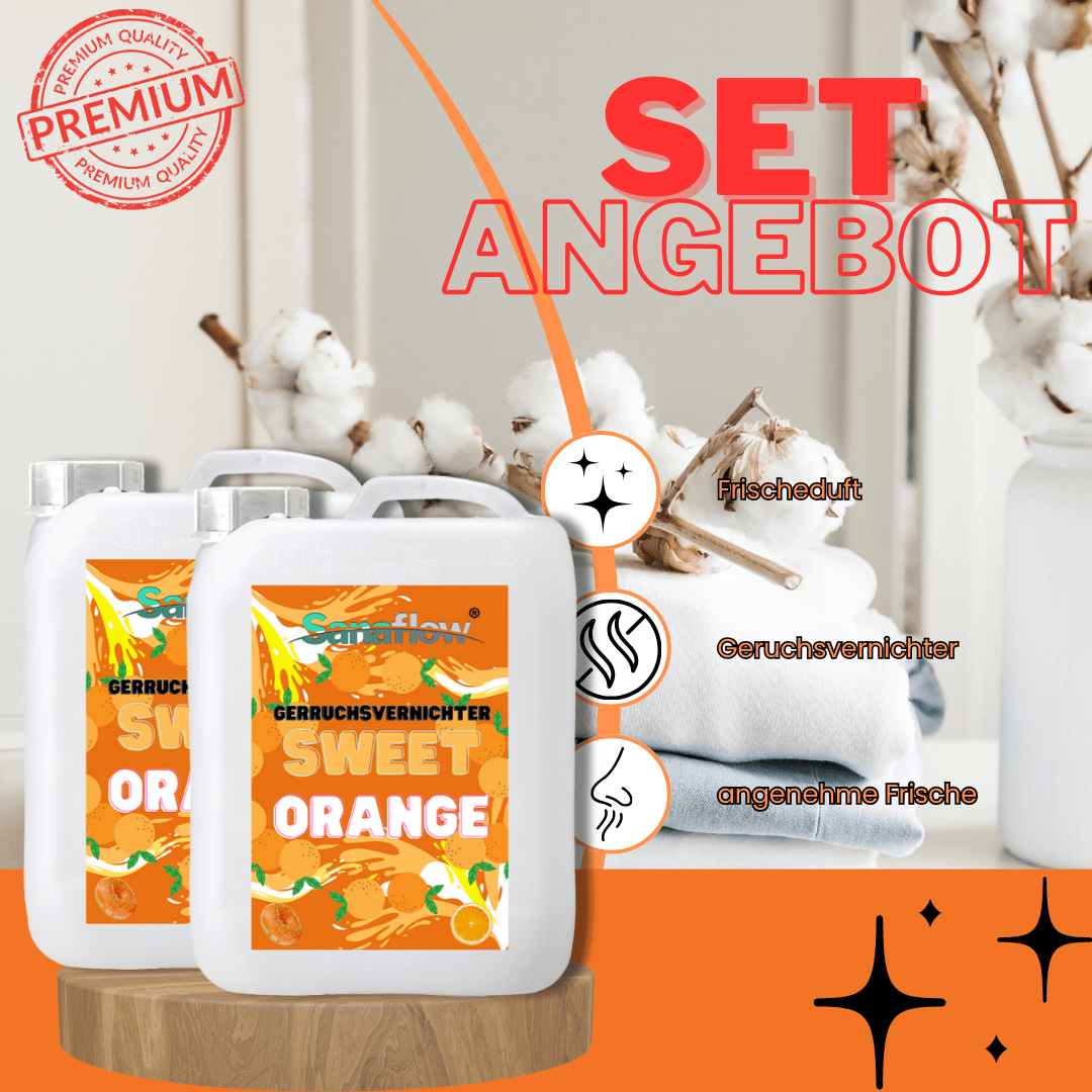 Geruchsentferner Tier Sweet Orange â Dauerhaft gegen Katzen - & Hunde Urin, hinterlĂ€sst angenehmen Duft - Sanaflow - Geruchsentferner