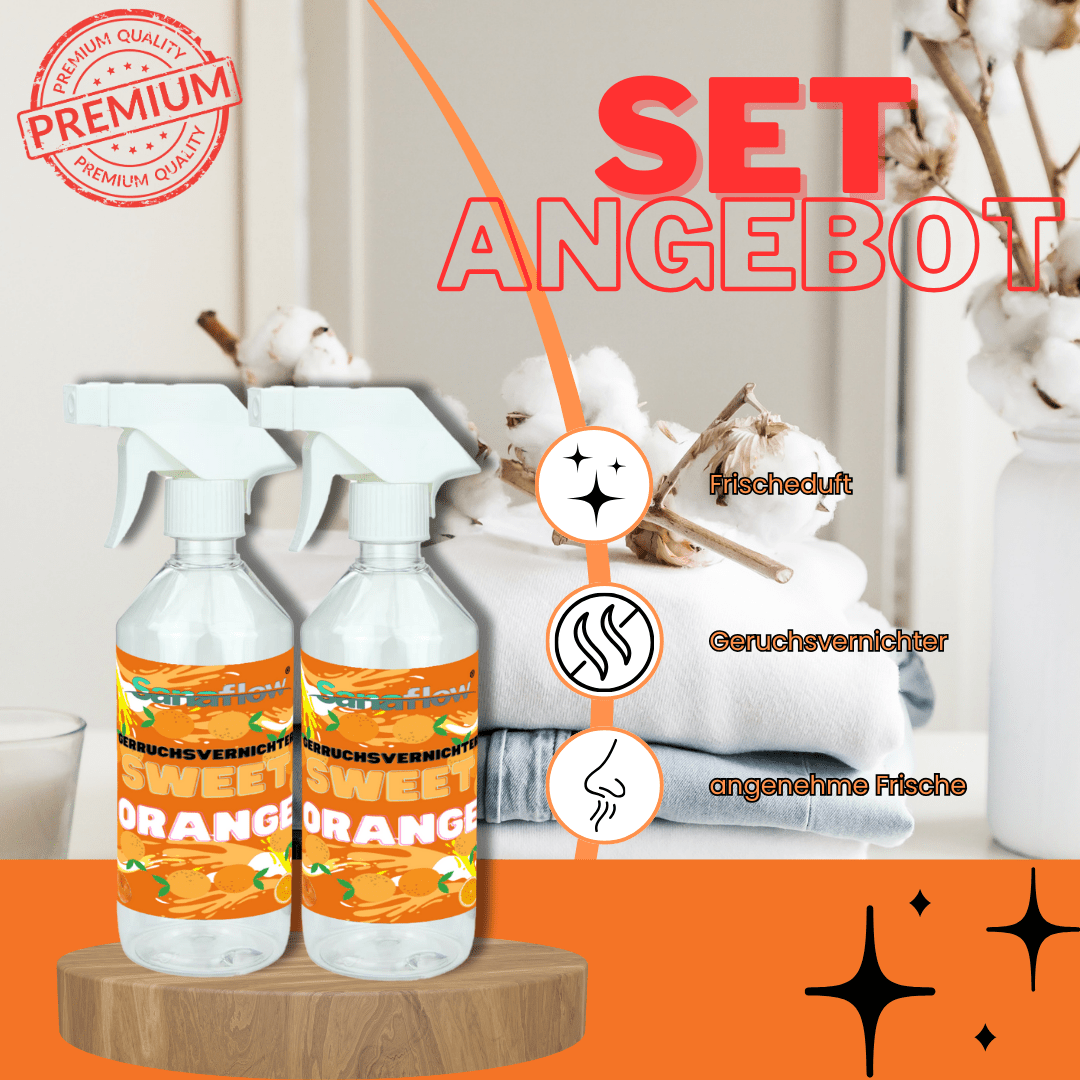 Geruchsentferner Tier Sweet Orange â Dauerhaft gegen Katzen - & Hunde Urin, hinterlĂ€sst angenehmen Duft - Sanaflow - Geruchsentferner