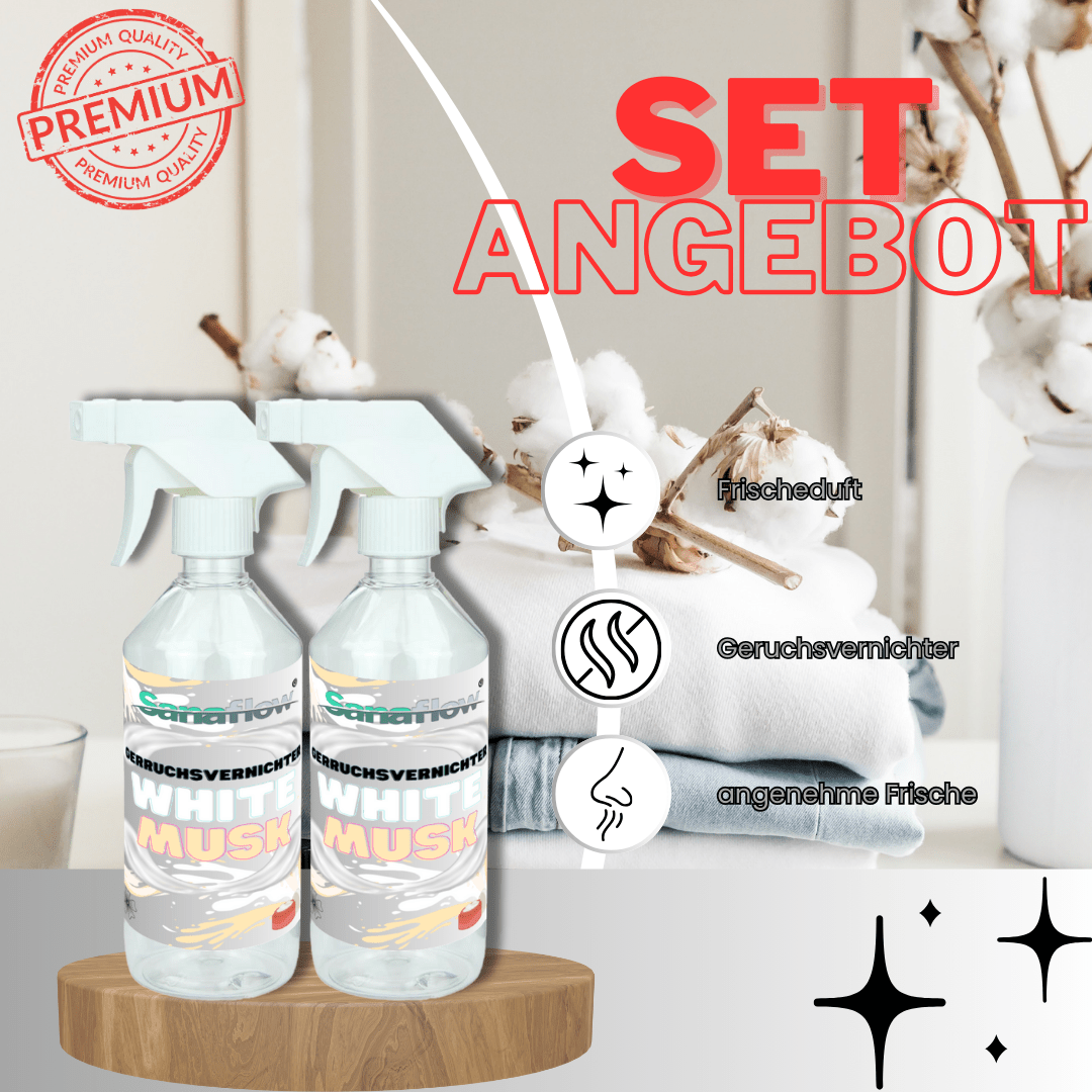 Geruchsentferner Tier White Musk â Dauerhaft gegen Katzen - & Hunde Urin, hinterlĂ€sst angenehmen Duft - Sanaflow - Geruchsentferner