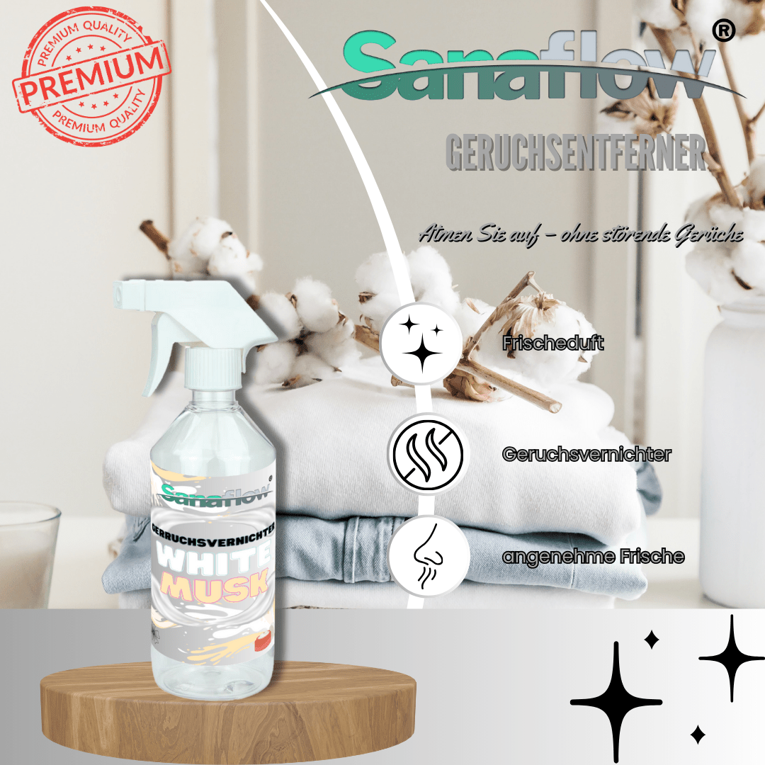 Geruchsentferner Tier White Musk â Dauerhaft gegen Katzen - & Hunde Urin, hinterlĂ€sst angenehmen Duft - Sanaflow - Geruchsentferner