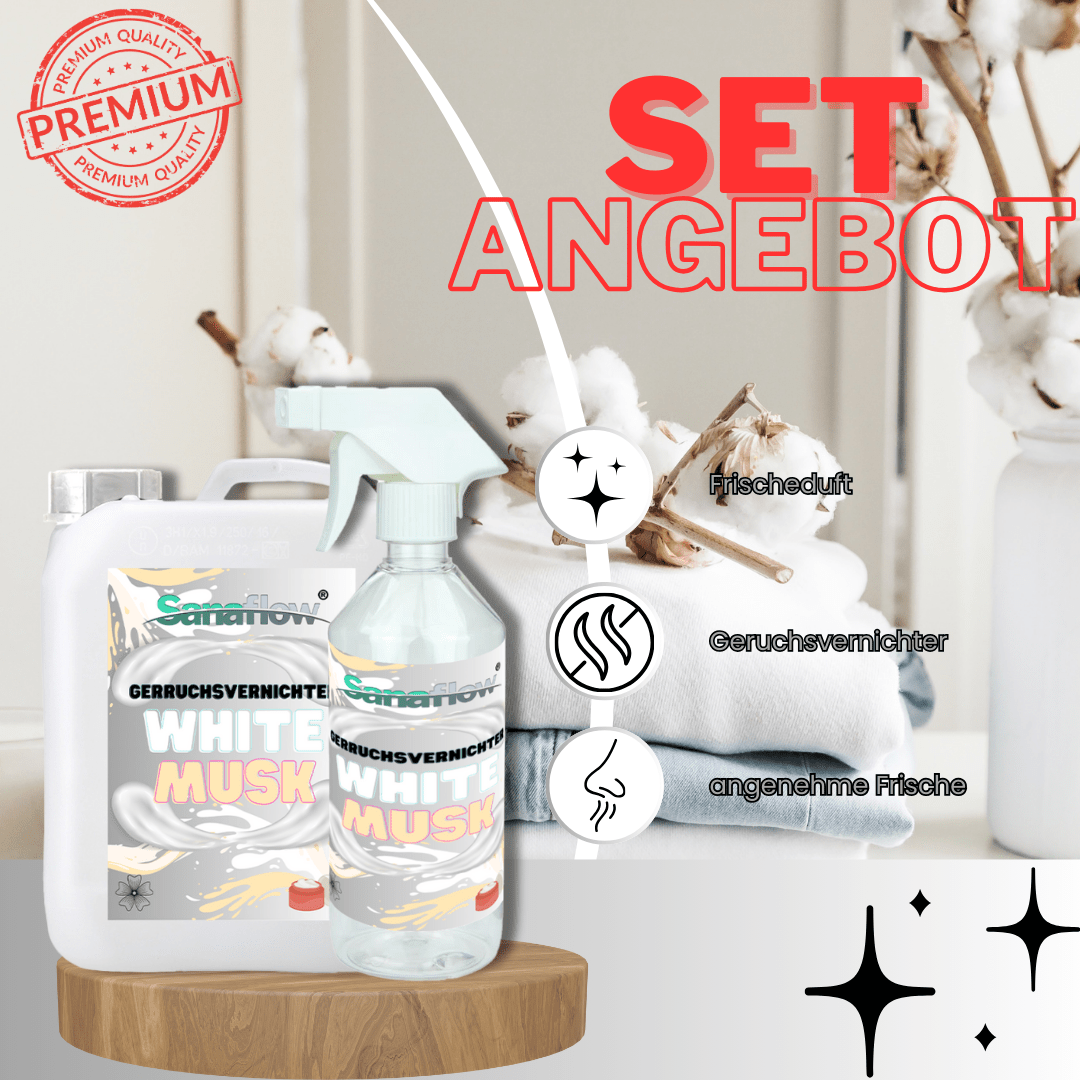 Geruchsentferner Tier White Musk â Dauerhaft gegen Katzen - & Hunde Urin, hinterlĂ€sst angenehmen Duft - Sanaflow - Geruchsentferner