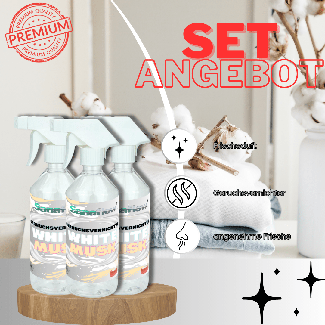 Geruchsentferner Tier White Musk â Dauerhaft gegen Katzen - & Hunde Urin, hinterlĂ€sst angenehmen Duft - Sanaflow - Geruchsentferner