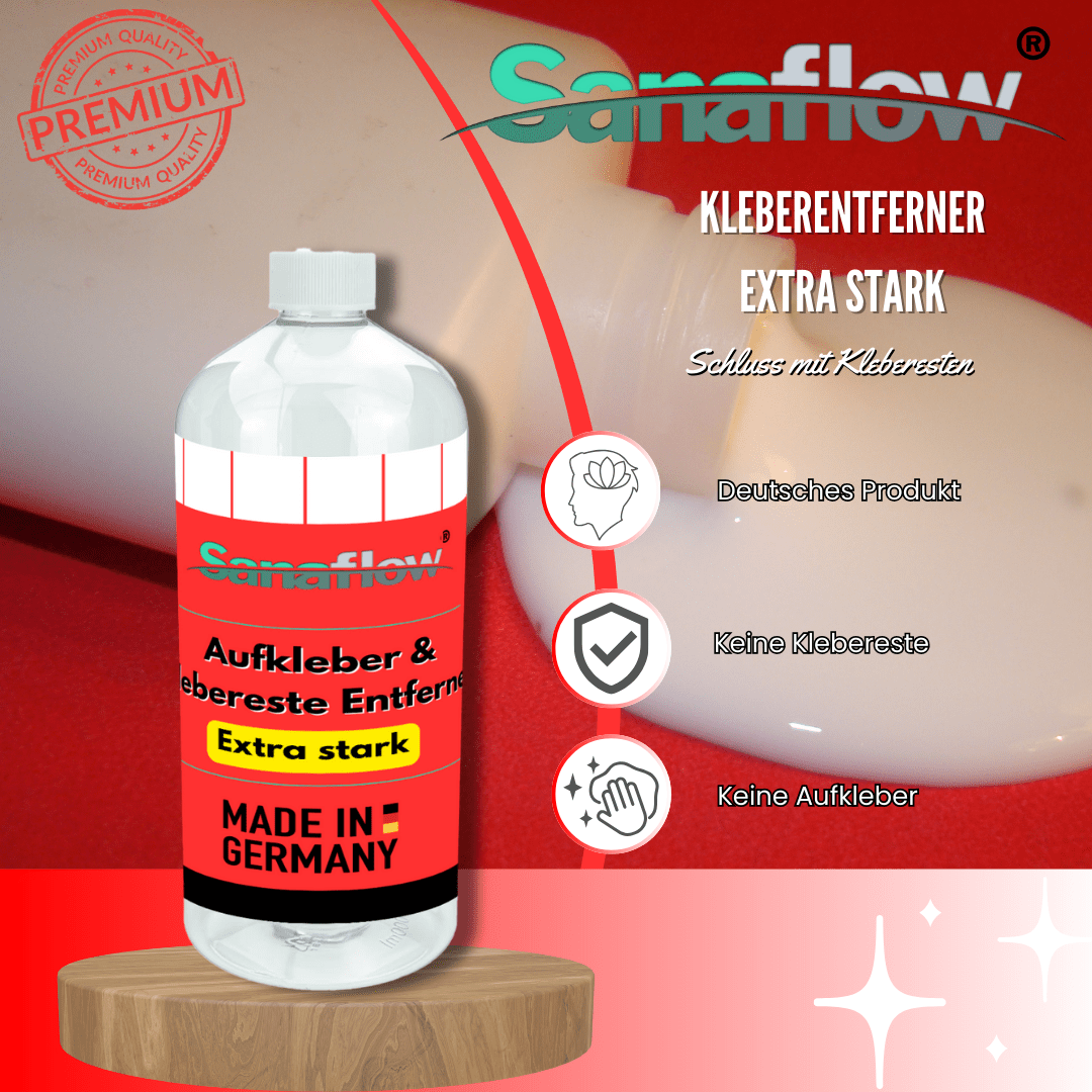 Kleberentferner extra stark für Etiketten, Aufkleber, Klebereste – Entfernt hartnäckige Verschmutzungen schonend - Sanaflow - Kleberentferner Extra Stark
