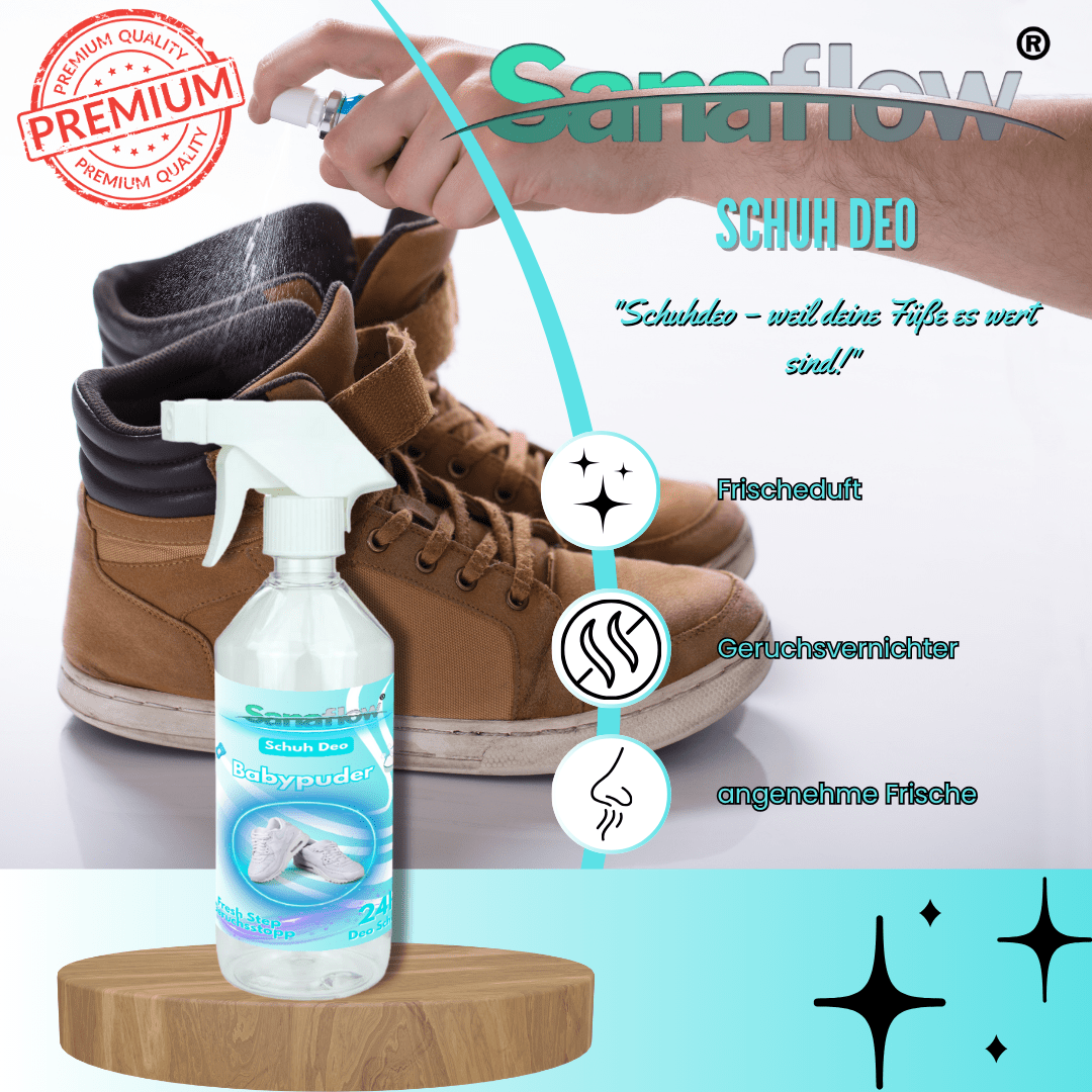 Schuh Deo Babypuder – Geruchsstopp, Geruchsentferner & Schuhspray gegen Schweißgeruch, langanhaltende Frische - Sanaflow - Geruchsentferner