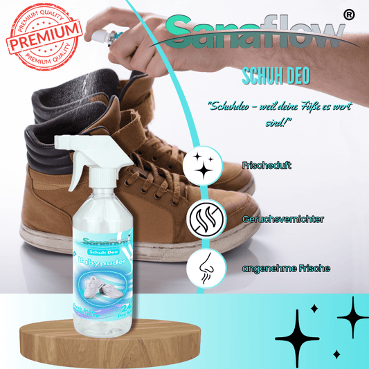 Schuh Deo Babypuder – Geruchsstopp, Geruchsentferner & Schuhspray gegen Schweißgeruch, langanhaltende Frische - Sanaflow - Geruchsentferner