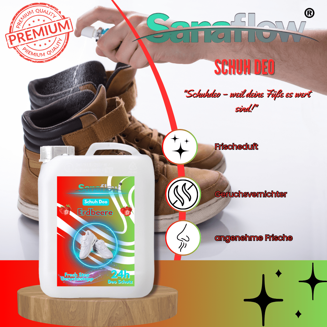 Schuh Deo Erdbeere – Geruchsstopp, Geruchsentferner & Schuhspray gegen Schweißgeruch, langanhaltende Frische - Sanaflow - Geruchsentferner