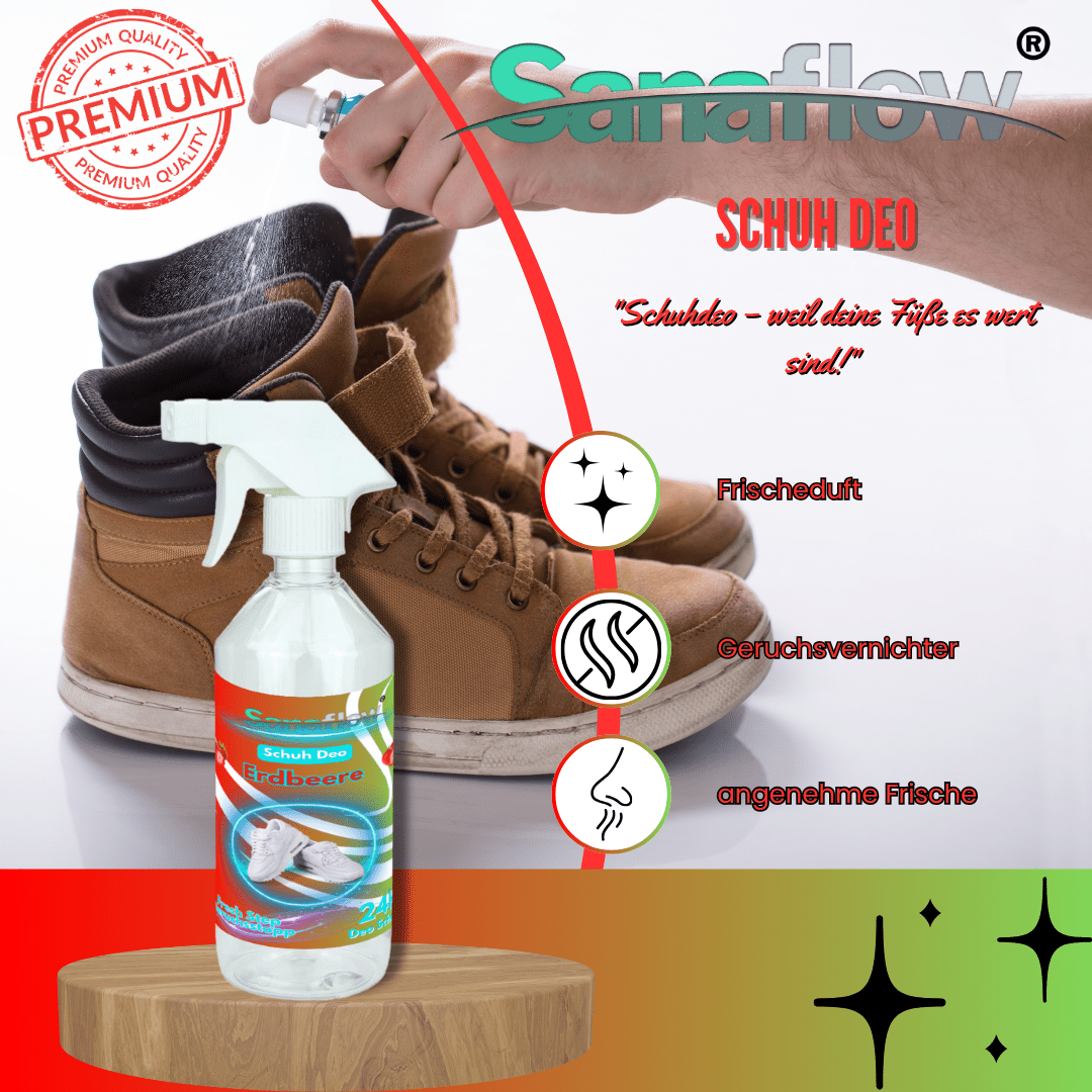 Schuh Deo Erdbeere – Geruchsstopp, Geruchsentferner & Schuhspray gegen Schweißgeruch, langanhaltende Frische - Sanaflow - Geruchsentferner