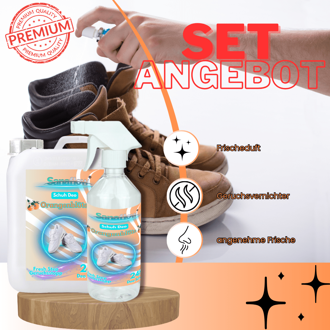 Schuh Deo Orangenblüte – Geruchsstopp, Geruchsentferner & Schuhspray gegen Schweißgeruch, langanhaltende Frische - Sanaflow - Geruchsentferner