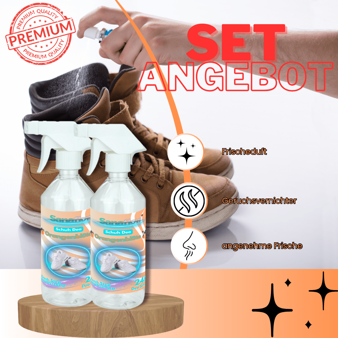 Schuh Deo Orangenblüte – Geruchsstopp, Geruchsentferner & Schuhspray gegen Schweißgeruch, langanhaltende Frische - Sanaflow - Geruchsentferner