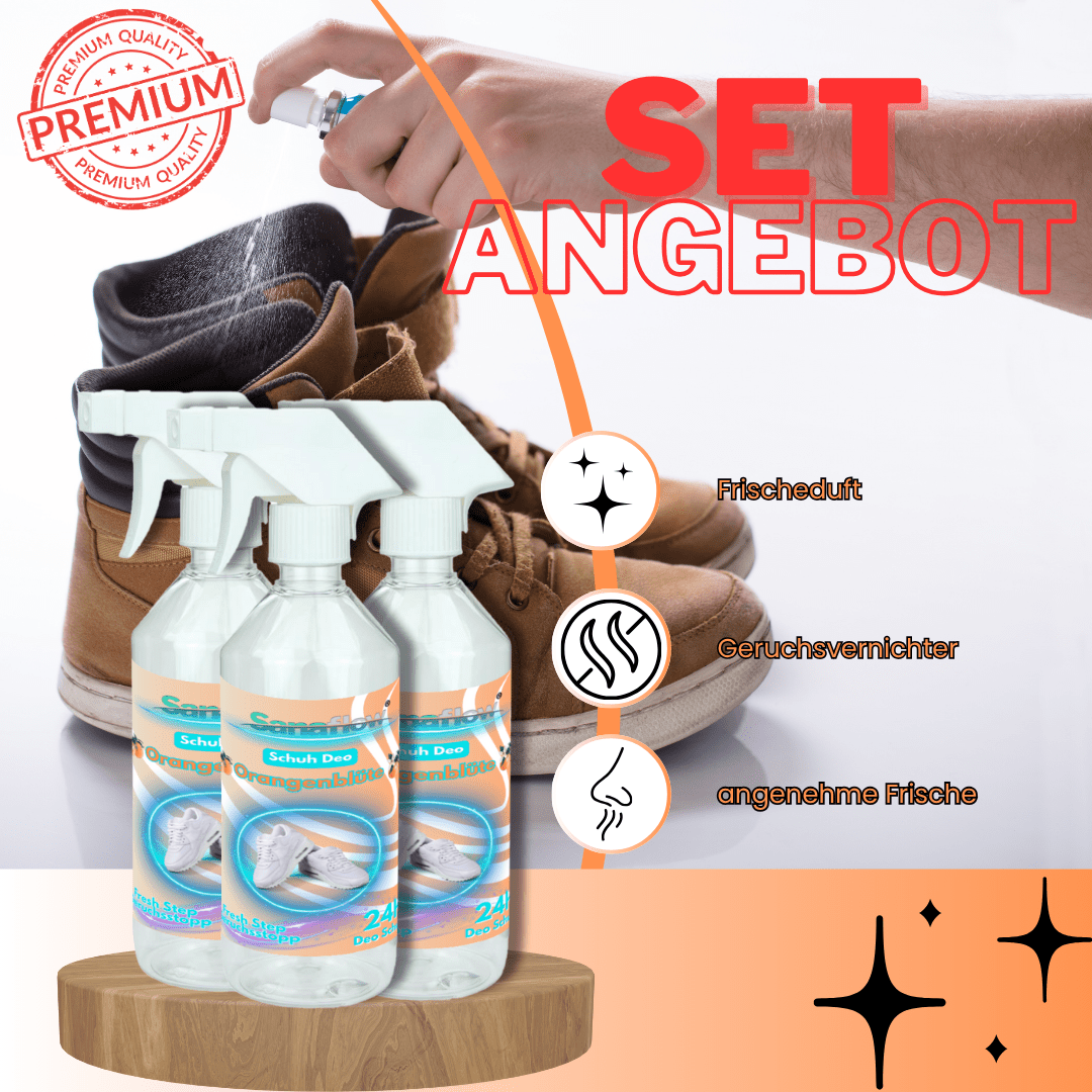 Schuh Deo Orangenblüte – Geruchsstopp, Geruchsentferner & Schuhspray gegen Schweißgeruch, langanhaltende Frische - Sanaflow - Geruchsentferner