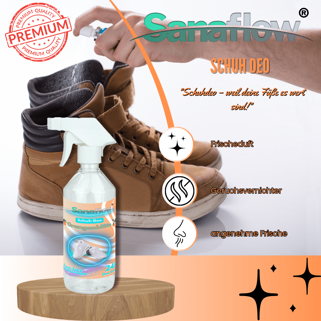 Schuh Deo Orangenblüte – Geruchsstopp, Geruchsentferner & Schuhspray gegen Schweißgeruch, langanhaltende Frische - Sanaflow - Geruchsentferner