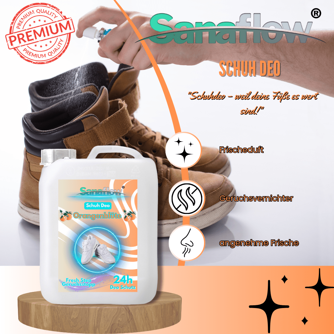 Schuh Deo Orangenblüte – Geruchsstopp, Geruchsentferner & Schuhspray gegen Schweißgeruch, langanhaltende Frische - Sanaflow - Geruchsentferner