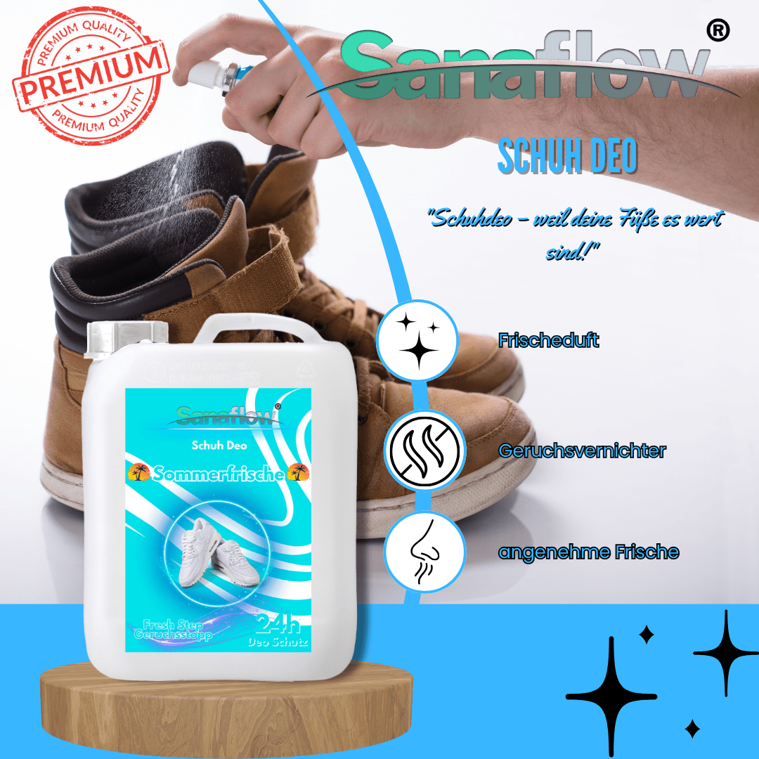 Schuh Deo Sommerfrische – Geruchsstopp, Geruchsentferner & Schuhspray gegen Schweißgeruch, langanhaltende Frische - Sanaflow - Geruchsentferner