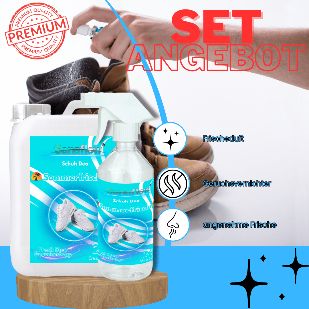 Schuh Deo Sommerfrische – Geruchsstopp, Geruchsentferner & Schuhspray gegen Schweißgeruch, langanhaltende Frische - Sanaflow - Geruchsentferner