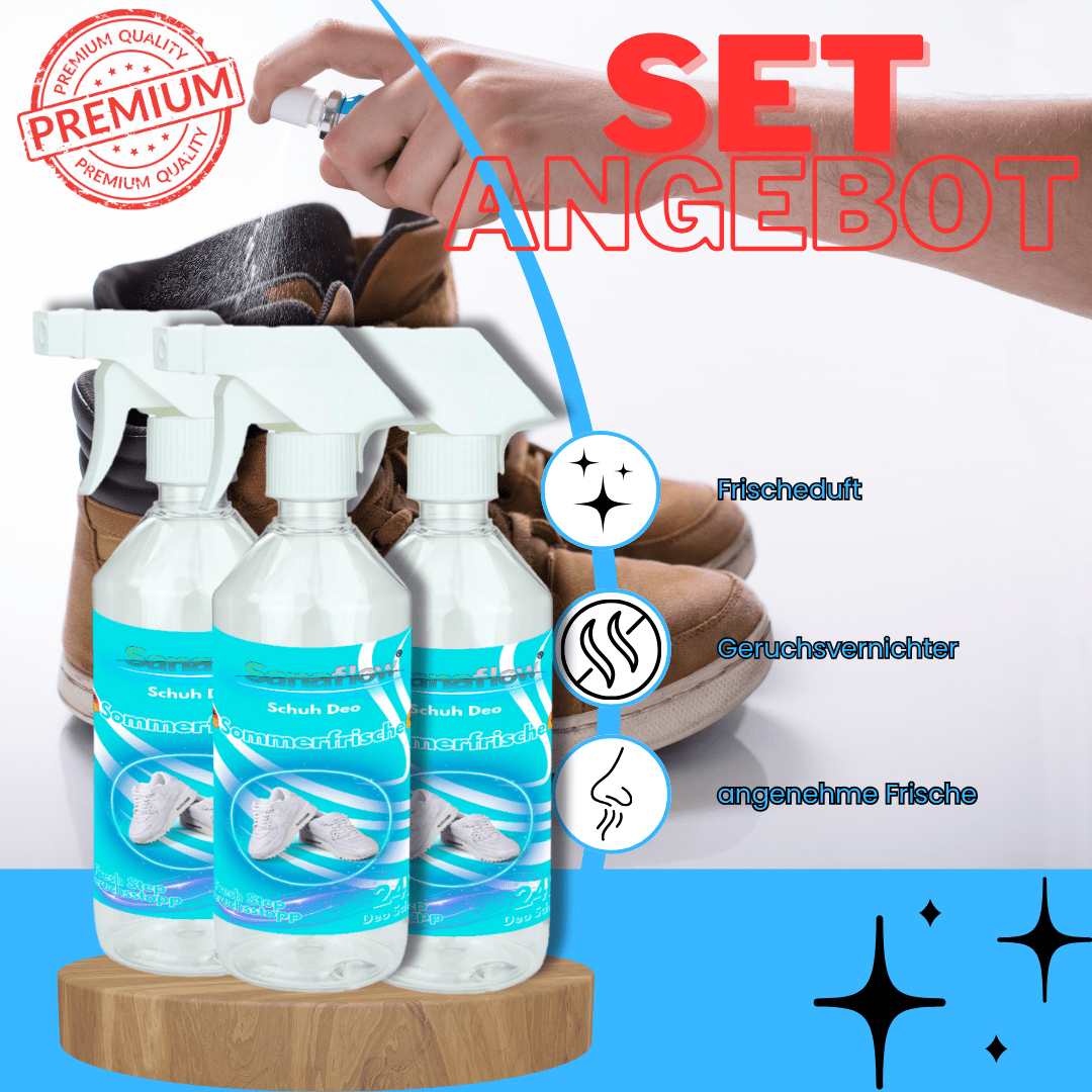 Schuh Deo Sommerfrische – Geruchsstopp, Geruchsentferner & Schuhspray gegen Schweißgeruch, langanhaltende Frische - Sanaflow - Geruchsentferner