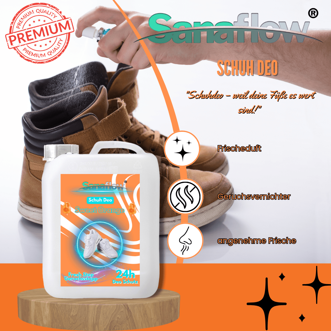 Schuh Deo Sweet Orange – Geruchsstopp, Geruchsentferner & Schuhspray gegen Schweißgeruch, langanhaltende Frische - Sanaflow - Geruchsentferner