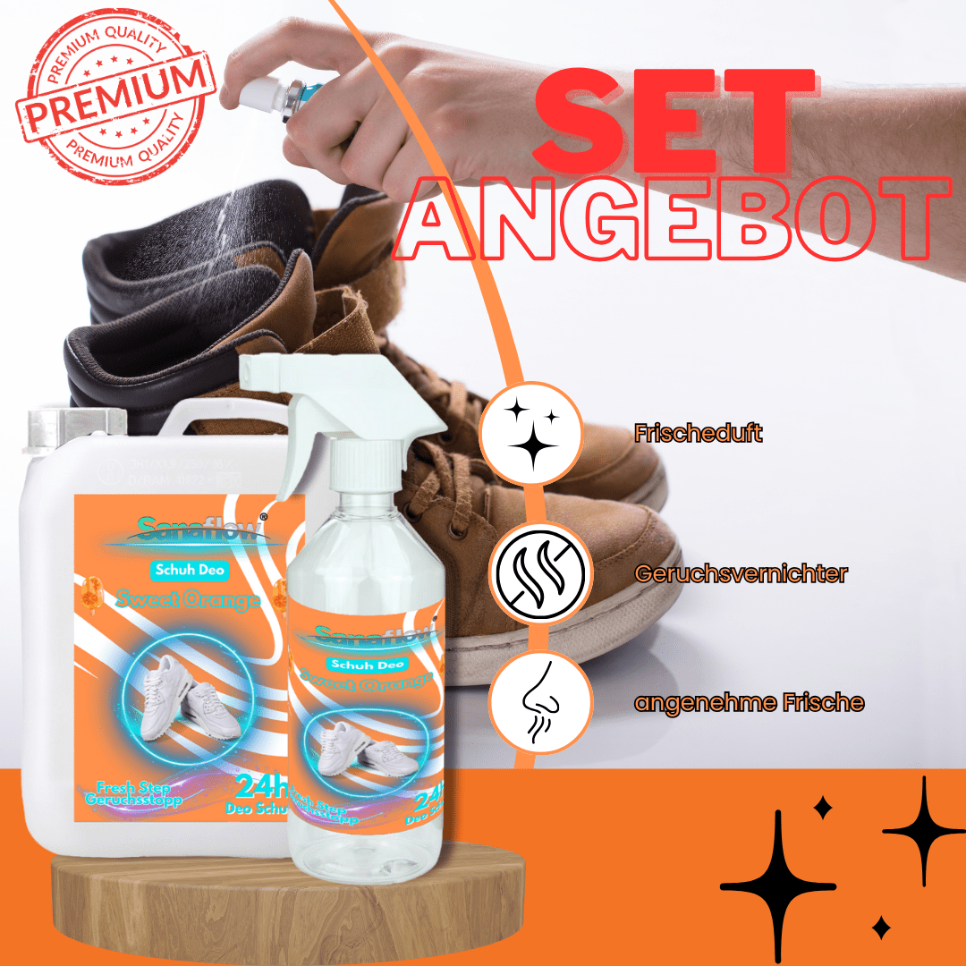 Schuh Deo Sweet Orange – Geruchsstopp, Geruchsentferner & Schuhspray gegen Schweißgeruch, langanhaltende Frische - Sanaflow - Geruchsentferner
