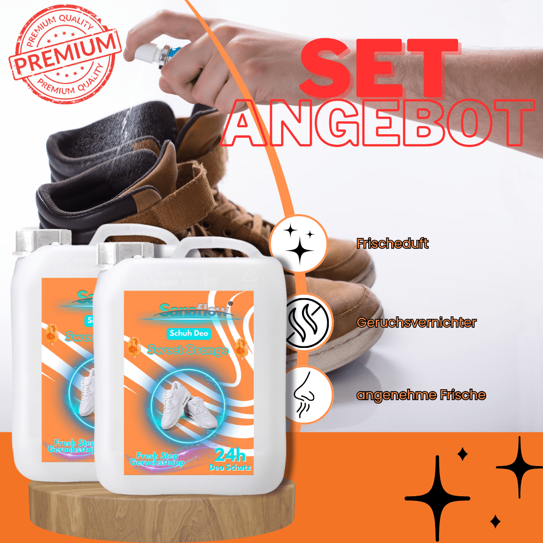 Schuh Deo Sweet Orange – Geruchsstopp, Geruchsentferner & Schuhspray gegen Schweißgeruch, langanhaltende Frische - Sanaflow - Geruchsentferner