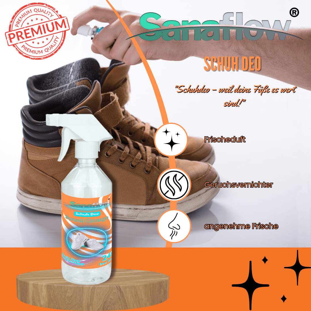 Schuh Deo Sweet Orange – Geruchsstopp, Geruchsentferner & Schuhspray gegen Schweißgeruch, langanhaltende Frische - Sanaflow - Geruchsentferner