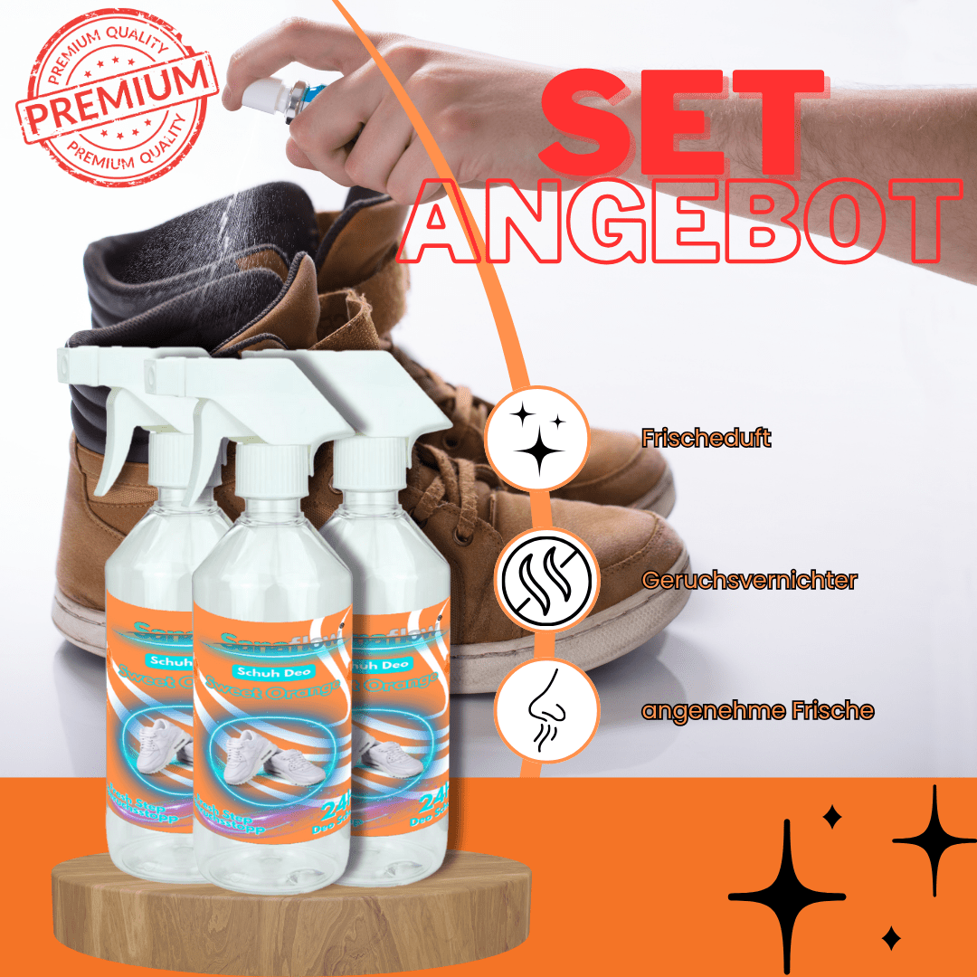 Schuh Deo Sweet Orange – Geruchsstopp, Geruchsentferner & Schuhspray gegen Schweißgeruch, langanhaltende Frische - Sanaflow - Geruchsentferner