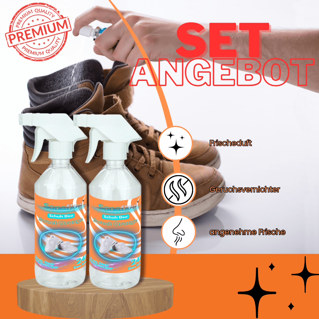Schuh Deo Sweet Orange – Geruchsstopp, Geruchsentferner & Schuhspray gegen Schweißgeruch, langanhaltende Frische - Sanaflow - Geruchsentferner