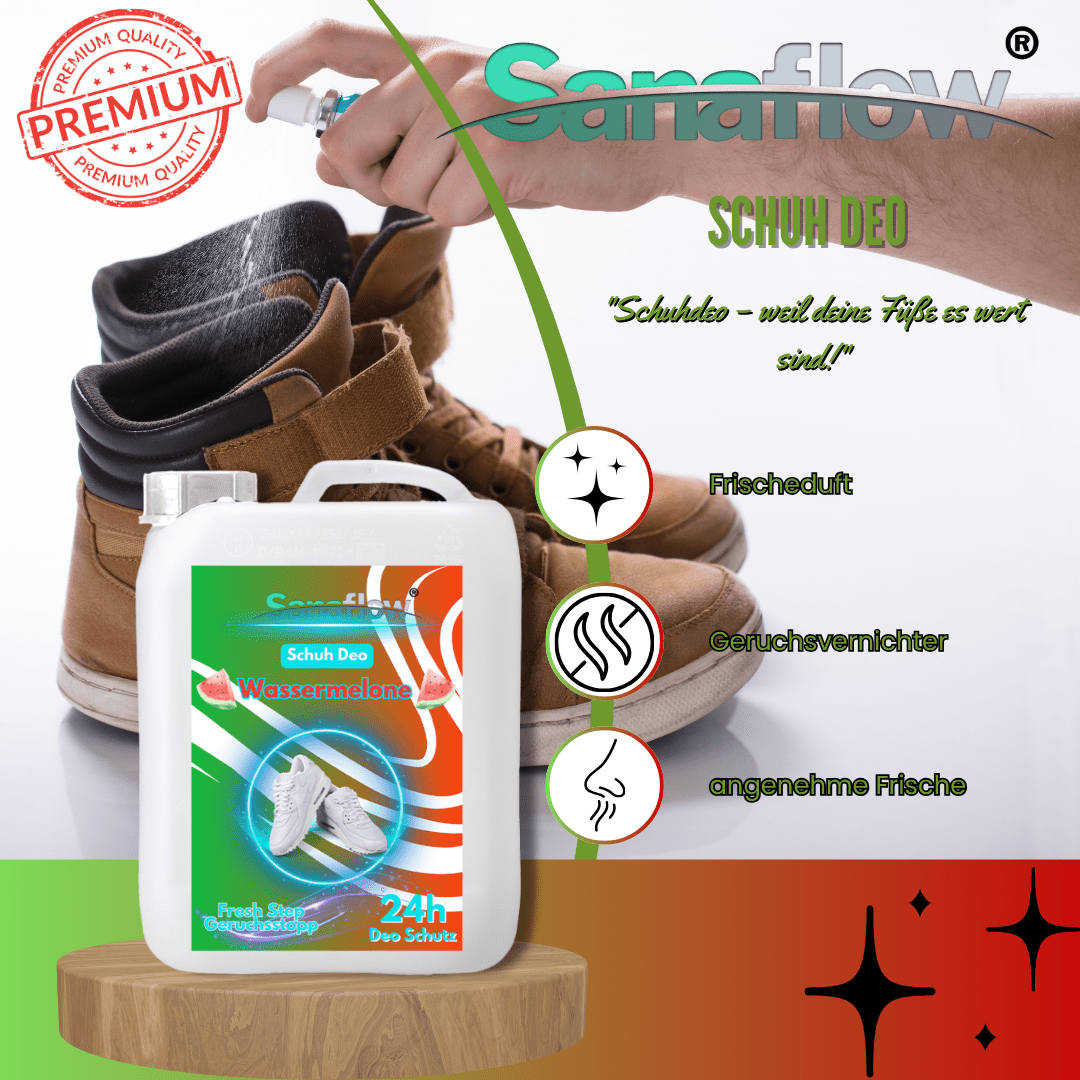 Schuh Deo Wassermelone – Geruchsstopp, Geruchsentferner & Schuhspray gegen Schweißgeruch, langanhaltende Frische - Sanaflow - Geruchsentferner