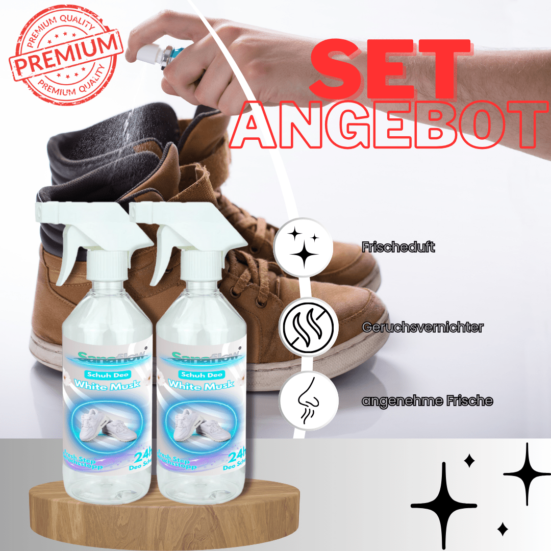 Schuh Deo White Musk – Geruchsstopp, Geruchsentferner & Schuhspray gegen Schweißgeruch, langanhaltende Frische - Sanaflow - Geruchsentferner