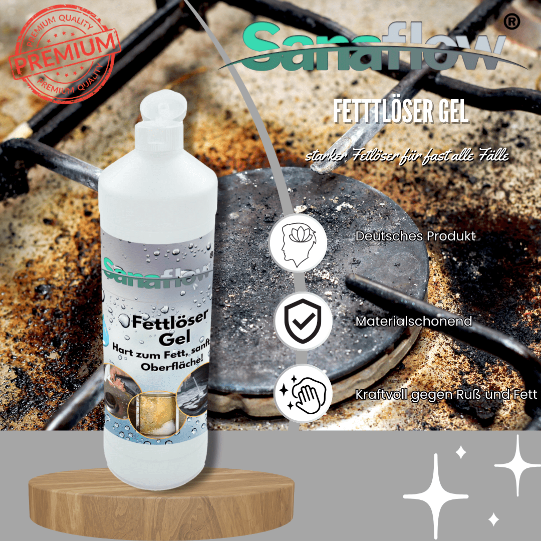 Spezial Fettlöser Gel für Edelstahl, Fliesen, Kunststoff – Löst hartnäckigste Fettverschmutzungen gezielt - Sanaflow - Backofenreiniger Gel