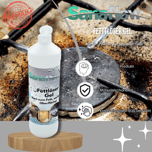 Spezial Fettlöser Gel für Edelstahl, Fliesen, Kunststoff – Löst hartnäckigste Fettverschmutzungen gezielt - Sanaflow - Backofenreiniger Gel