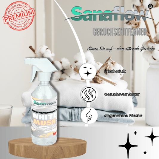 Geruchsentferner Tier White Musk – Dauerhaft gegen Katzen - & Hunde Urin, hinterlässt angenehmen Duft - Sanaflow - Geruchsentferner
