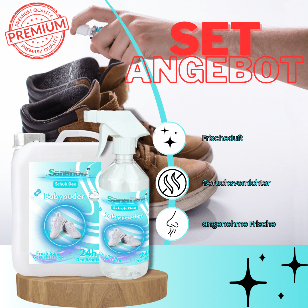 Schuh Deo Babypuder – Geruchsstopp, Geruchsentferner & Schuhspray gegen Schweißgeruch, langanhaltende Frische - Sanaflow - Geruchsentferner