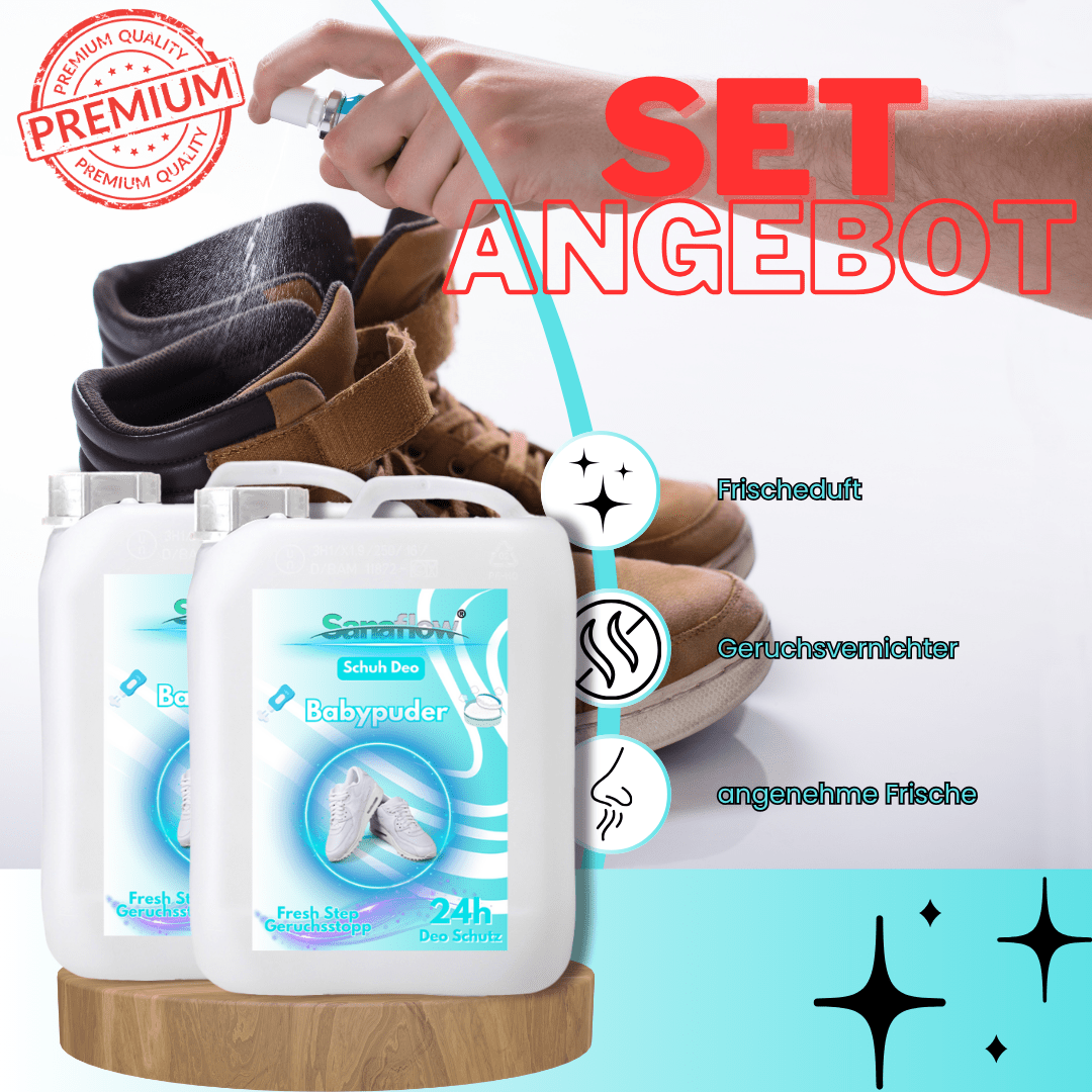 Schuh Deo Babypuder – Geruchsstopp, Geruchsentferner & Schuhspray gegen Schweißgeruch, langanhaltende Frische - Sanaflow - Geruchsentferner