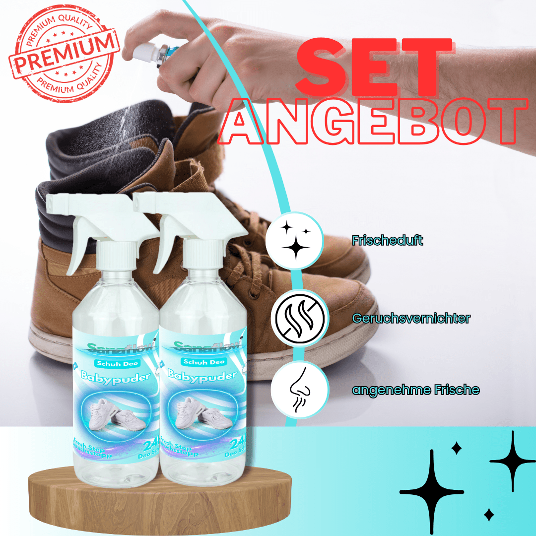 Schuh Deo Babypuder – Geruchsstopp, Geruchsentferner & Schuhspray gegen Schweißgeruch, langanhaltende Frische - Sanaflow - Geruchsentferner