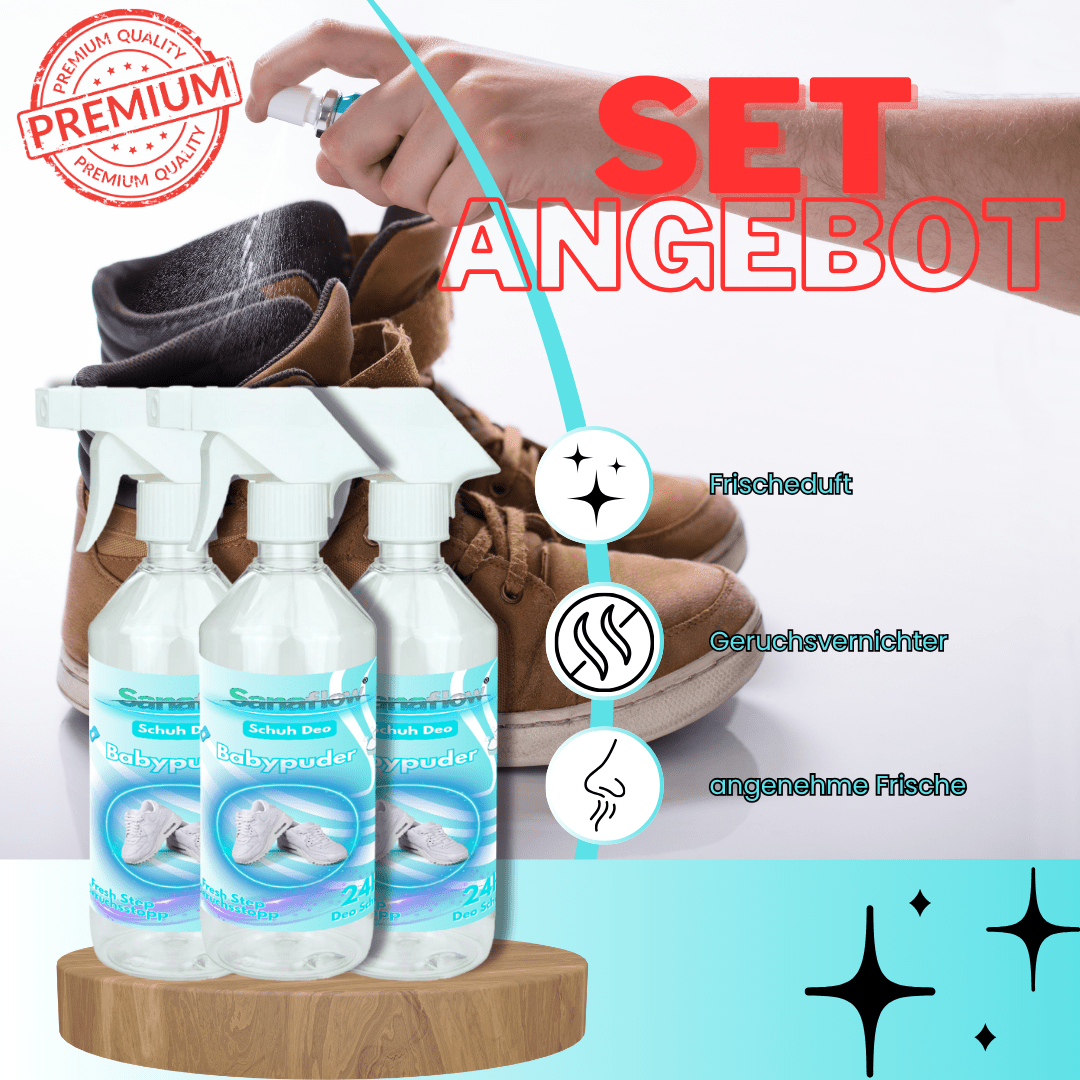 Schuh Deo Babypuder – Geruchsstopp, Geruchsentferner & Schuhspray gegen Schweißgeruch, langanhaltende Frische - Sanaflow - Geruchsentferner