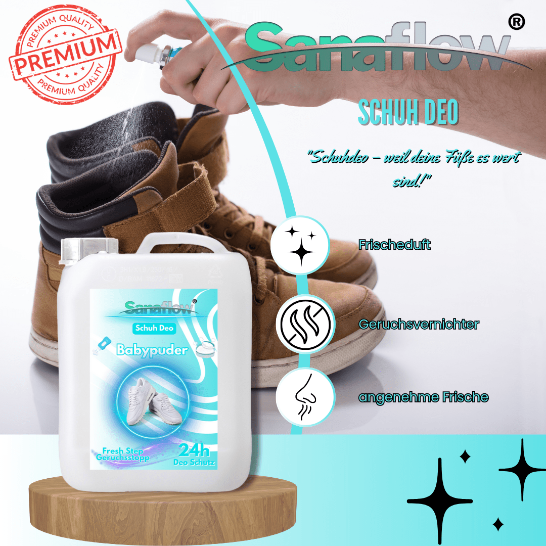 Schuh Deo Babypuder – Geruchsstopp, Geruchsentferner & Schuhspray gegen Schweißgeruch, langanhaltende Frische - Sanaflow - Geruchsentferner