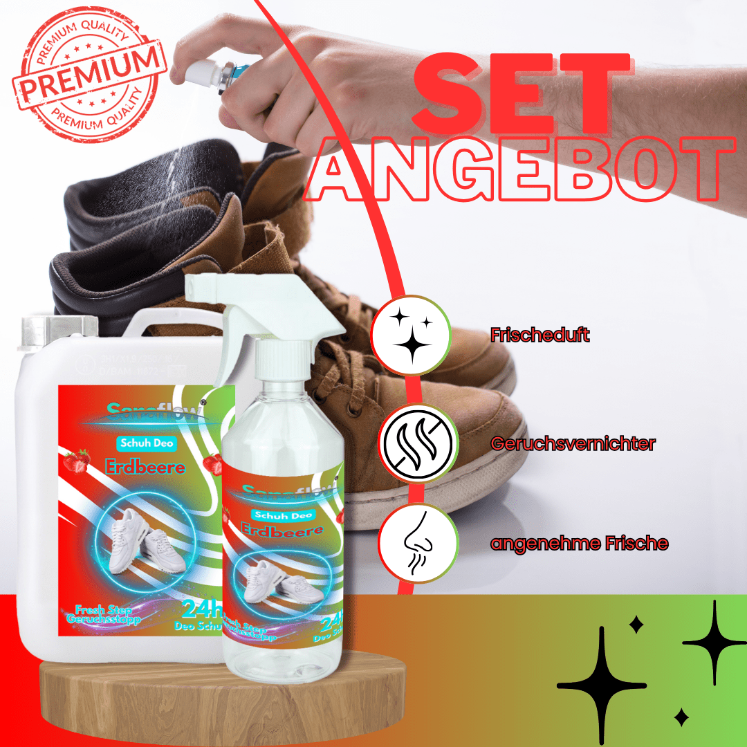 Schuh Deo Erdbeere – Geruchsstopp, Geruchsentferner & Schuhspray gegen Schweißgeruch, langanhaltende Frische - Sanaflow - Geruchsentferner