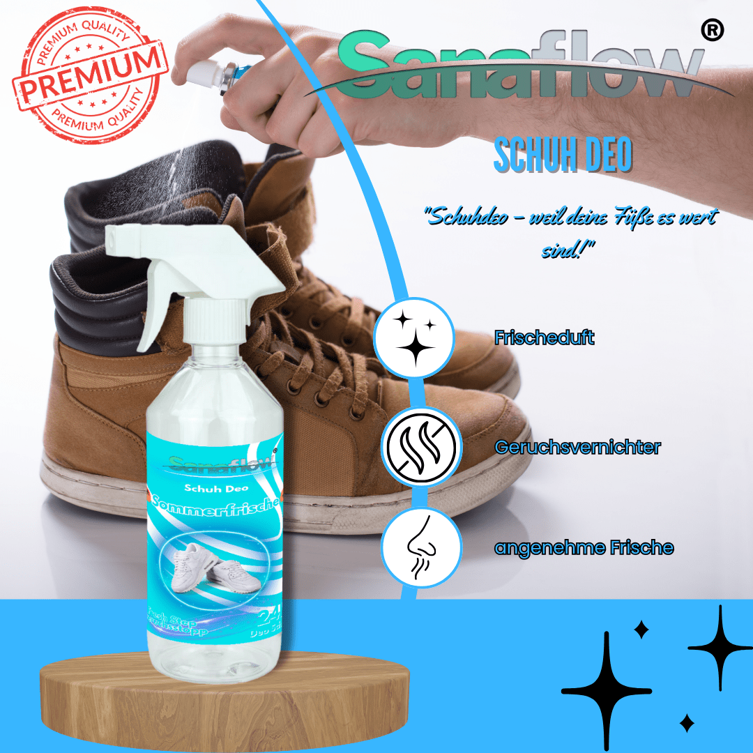 Schuh Deo Sommerfrische – Geruchsstopp, Geruchsentferner & Schuhspray gegen Schweißgeruch, langanhaltende Frische - Sanaflow - Geruchsentferner
