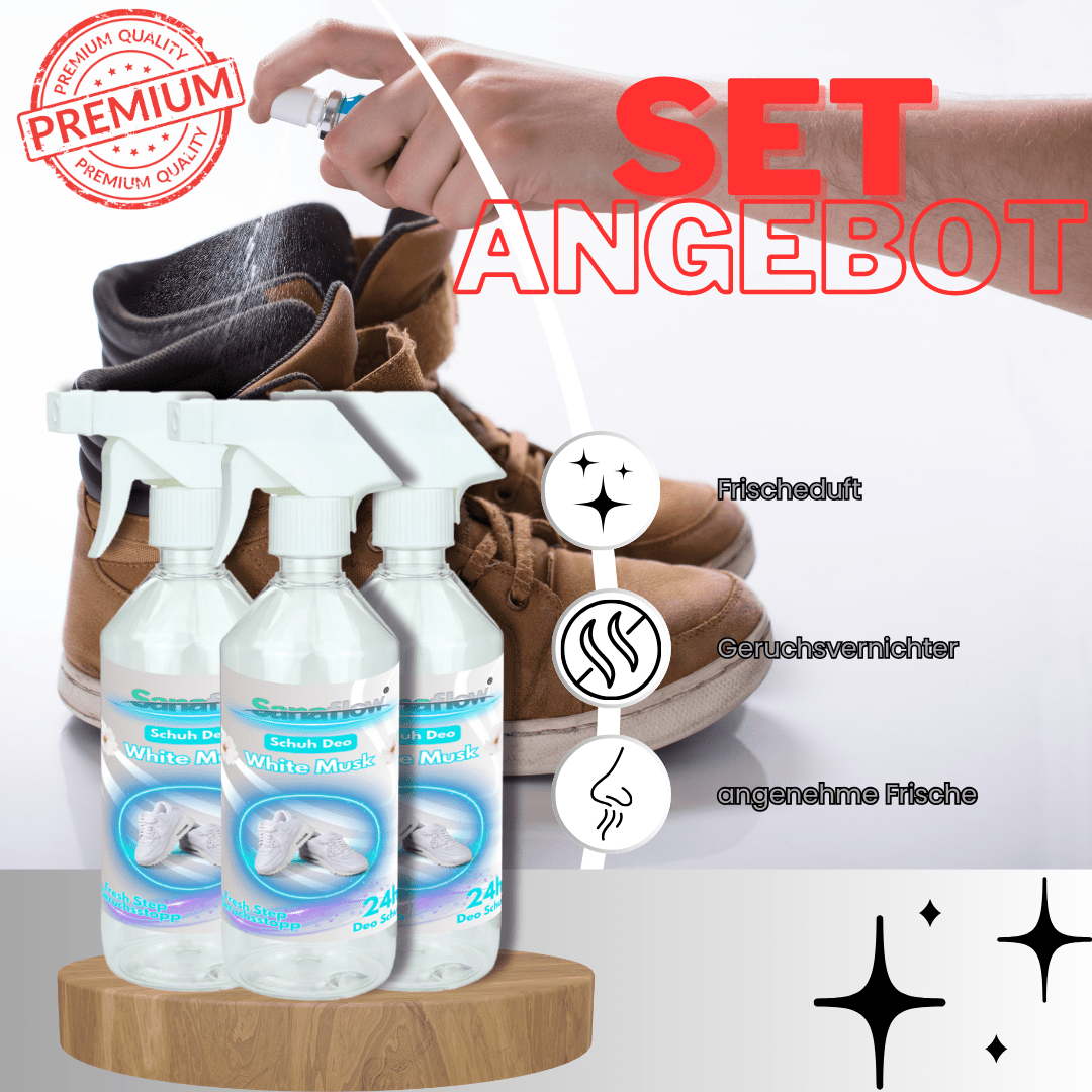 Schuh Deo White Musk – Geruchsstopp, Geruchsentferner & Schuhspray gegen Schweißgeruch, langanhaltende Frische - Sanaflow - Geruchsentferner
