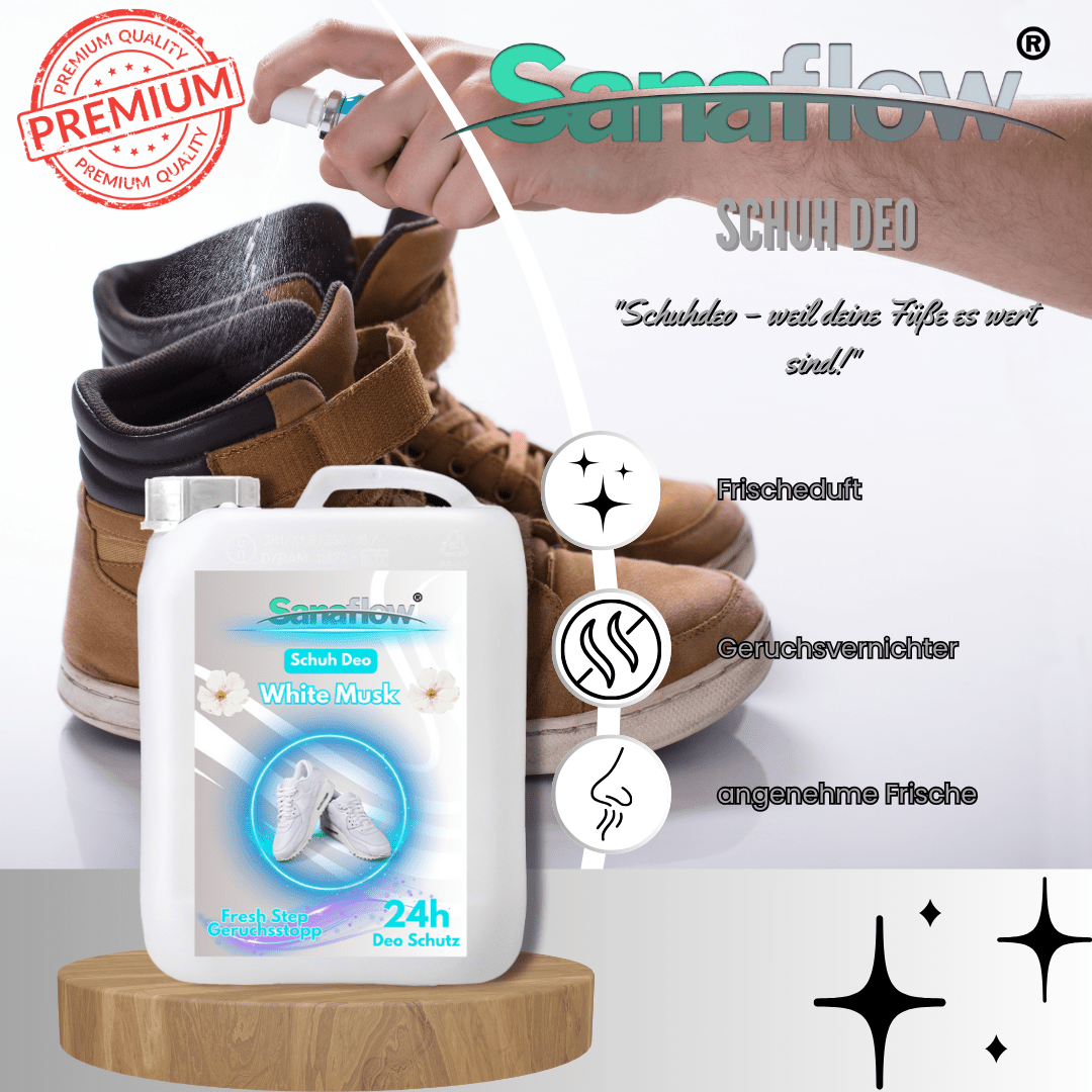 Schuh Deo White Musk – Geruchsstopp, Geruchsentferner & Schuhspray gegen Schweißgeruch, langanhaltende Frische - Sanaflow - Geruchsentferner