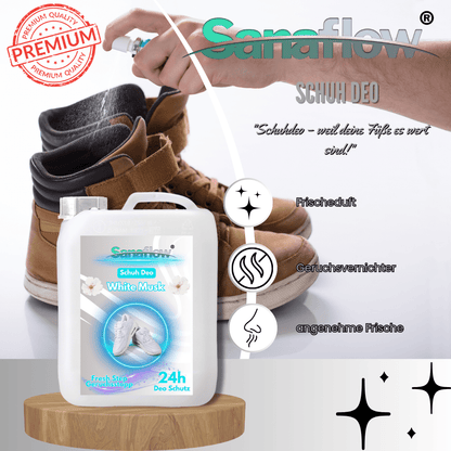 Schuh Deo White Musk – Geruchsstopp, Geruchsentferner & Schuhspray gegen Schweißgeruch, langanhaltende Frische - Sanaflow - Geruchsentferner